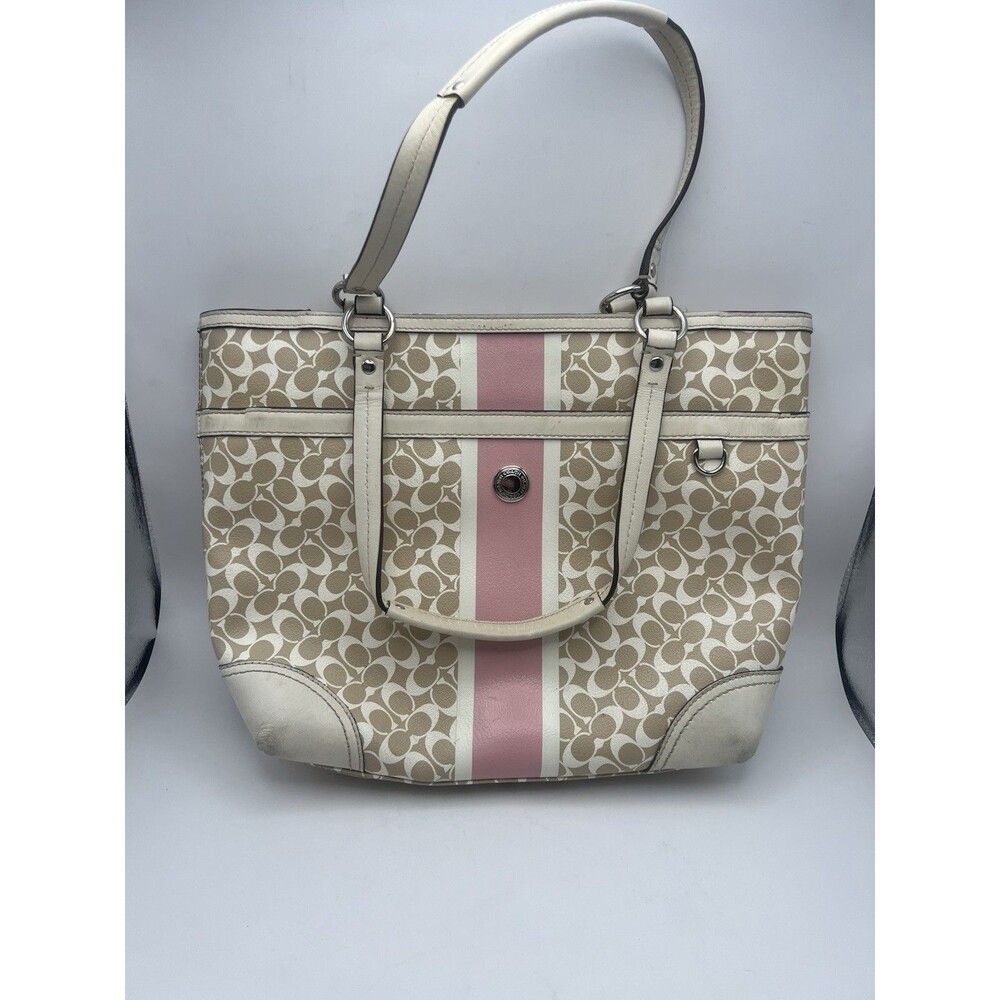COACH Heritage Signature Stripe Pink Ivory Tote Shoulder Handbag Purse F15137